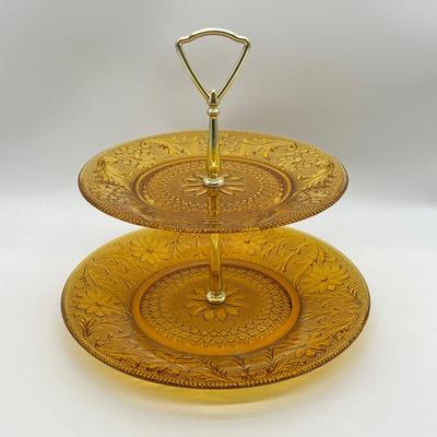 INDIANA GLASS ~ Tiara Amber Glass ~ 2 Tiered Pastry Tray