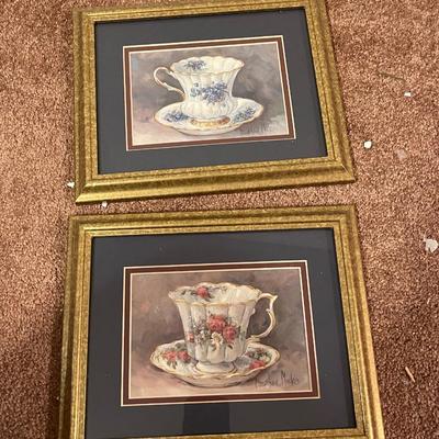 Framed and Signed Barbara Mock Prints - Nosegay Teacup and Rose Bouquet Teacup