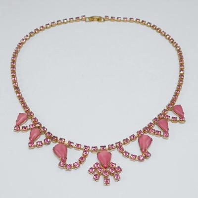 Vintage Pink Moonglow & Rhinestone Necklace & Earring Set