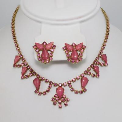 Vintage Pink Moonglow & Rhinestone Necklace & Earring Set