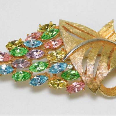 Vintage Pastel Rhinestone Leaf Brooch