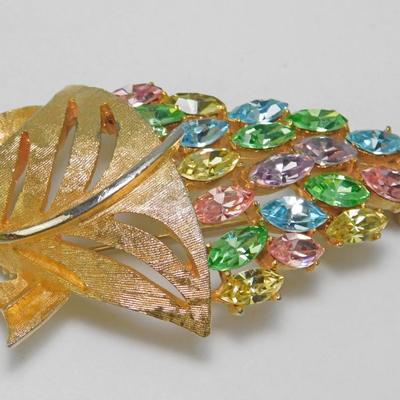 Vintage Pastel Rhinestone Leaf Brooch