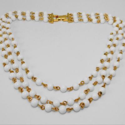 Vintage Monet Three Strand White Bead Necklace