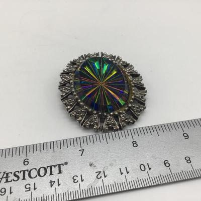 Vintage Silver-Tone Multicolor Oval Glass Kaleidoscope Pendant Brooch