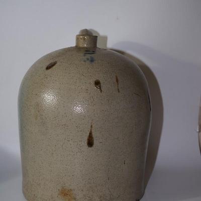 #5 PRIMIITIVE EARTHENWARE SALT GLAZE BEEHIVE JUG W/ SMALL COBALT DECOR /KILN DROPPINGS