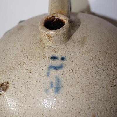 #5 PRIMIITIVE EARTHENWARE SALT GLAZE BEEHIVE JUG W/ SMALL COBALT DECOR /KILN DROPPINGS