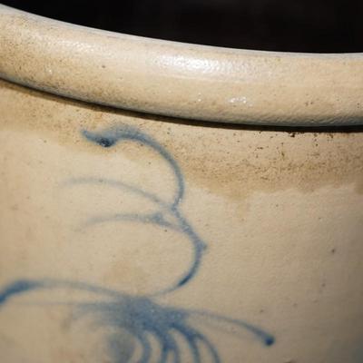 #3 SALTGLAZE POTTERY CROCK W/COBALT BEE STING MARKING- AS IS