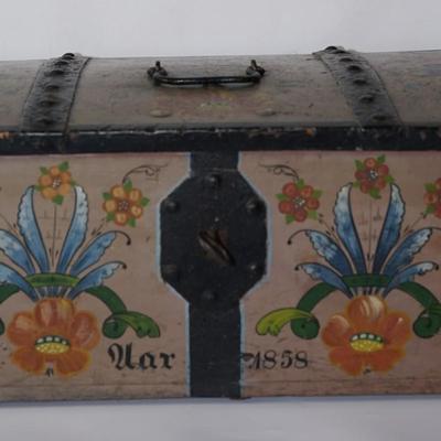 EUROPEAN HAND PAINTED TRAVEL CHEST DECORATED /DATED 1858