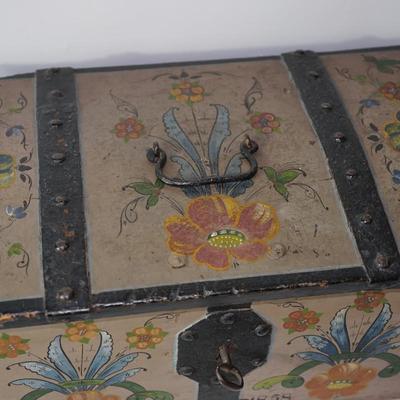 EUROPEAN HAND PAINTED TRAVEL CHEST DECORATED /DATED 1858