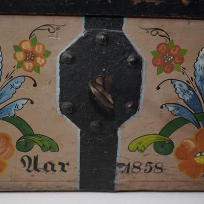 EUROPEAN HAND PAINTED TRAVEL CHEST DECORATED /DATED 1858