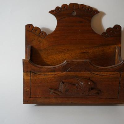ANTIQUE WALNUT HANGING POCKET SHELF W/ WOODEN CARVED HARE ACCENT