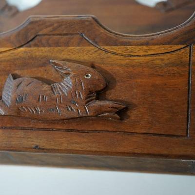 ANTIQUE WALNUT HANGING POCKET SHELF W/ WOODEN CARVED HARE ACCENT