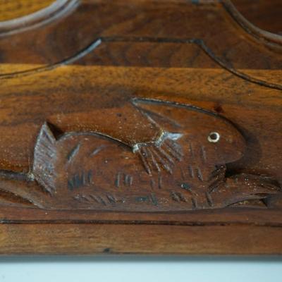 ANTIQUE WALNUT HANGING POCKET SHELF W/ WOODEN CARVED HARE ACCENT