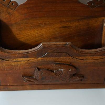 ANTIQUE WALNUT HANGING POCKET SHELF W/ WOODEN CARVED HARE ACCENT
