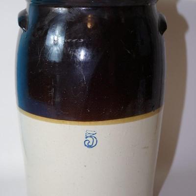 #5 BROWN & EARTHWARE COLORED BUTTER CHURN- HAIRLINE CRACKS /