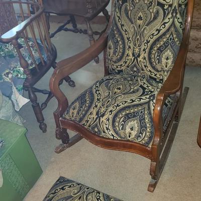 Vintage Upholstered Stickley Syracuse Rocker and Ottoman