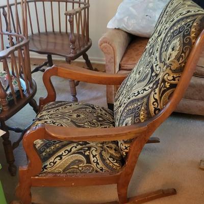 Vintage Upholstered Stickley Syracuse Rocker and Ottoman