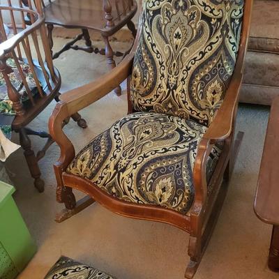 Vintage Upholstered Stickley Syracuse Rocker and Ottoman