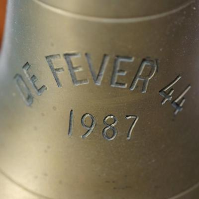 BRASS BOAT BELL ENGRAVED ON WOODEN STAND