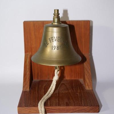BRASS BOAT BELL ENGRAVED ON WOODEN STAND