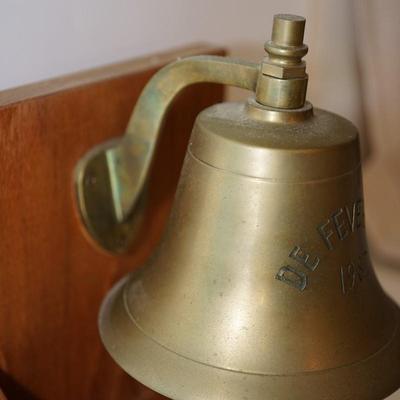 BRASS BOAT BELL ENGRAVED ON WOODEN STAND
