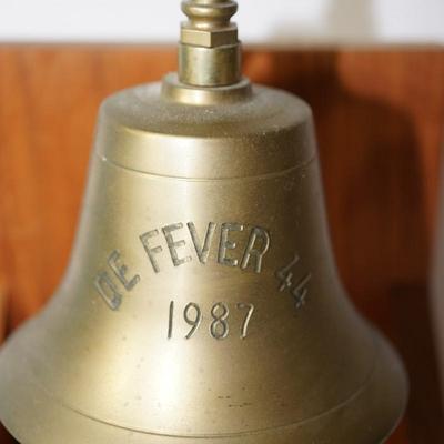 BRASS BOAT BELL ENGRAVED ON WOODEN STAND
