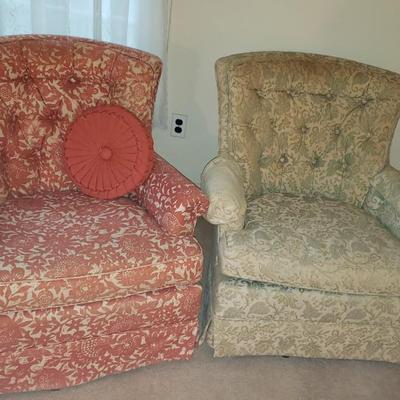 Two vintage upholstered chairs, swivel and rock!