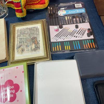 LOT 195. MISC. LOT OF HOME DECOR, DOLL, NEW SAS RED LOAFERS, ETC.