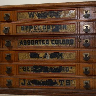 ANTIQUE JP SPOOL SIX DRAWER COUNTER SEWING  SPOOL CABINET