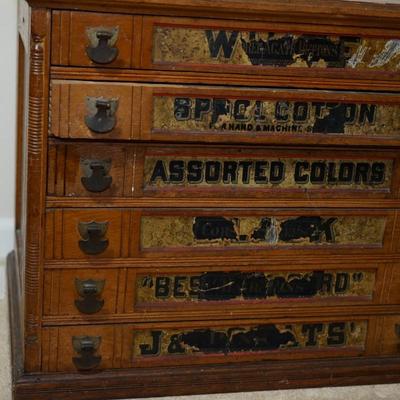 ANTIQUE JP SPOOL SIX DRAWER COUNTER SEWING  SPOOL CABINET