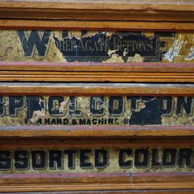ANTIQUE JP SPOOL SIX DRAWER COUNTER SEWING  SPOOL CABINET