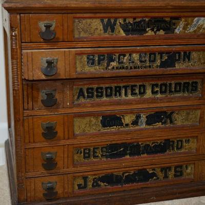 ANTIQUE JP SPOOL SIX DRAWER COUNTER SEWING  SPOOL CABINET