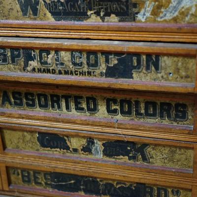 ANTIQUE JP SPOOL SIX DRAWER COUNTER SEWING  SPOOL CABINET