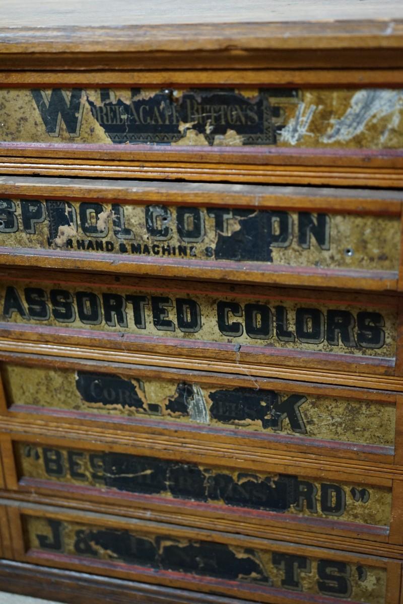 ANTIQUE JP SPOOL SIX DRAWER COUNTER SEWING SPOOL