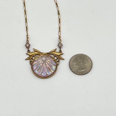 FENTON ~ Iridescent Glass Leaf Pendant & Chain