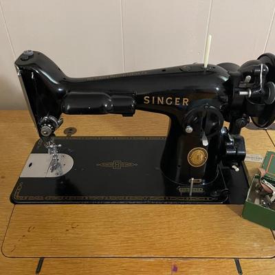 1954 Singer Sewing Machine with Attachments, Storage and Original Bench