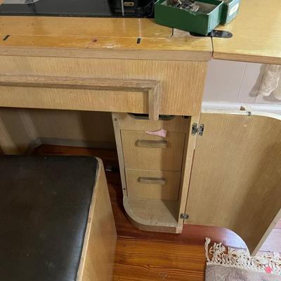 1954 Singer Sewing Machine with Attachments, Storage and Original Bench