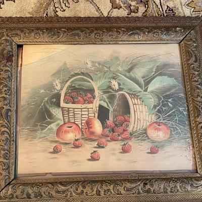 Antique Primitive Fruit Art in Antique Frame with Wood Back