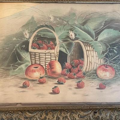 Antique Primitive Fruit Art in Antique Frame with Wood Back