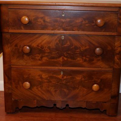 19th CENTURY CHERRY & FLAME MAHOGANY THREE DRAWER BUREAU W/ DROP LEAF SIDES