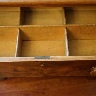 19th CENTURY CHERRY & FLAME MAHOGANY THREE DRAWER BUREAU W/ DROP LEAF SIDES