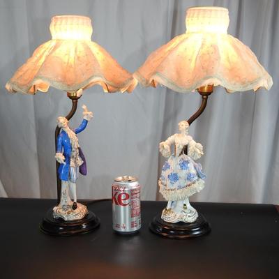Pair of Dresden lace dancing Victorian couple lamps