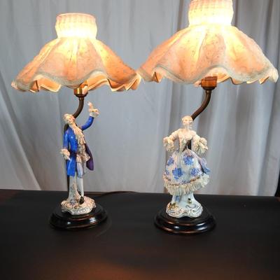 Pair of Dresden lace dancing Victorian couple lamps