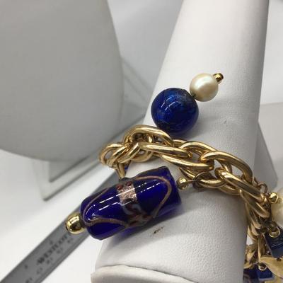 Beautiful Glass Beaded Bracelet. Cobalt Blues And Faux Pearl Gold Tone
