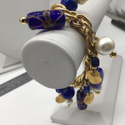 Beautiful Glass Beaded Bracelet. Cobalt Blues And Faux Pearl Gold Tone