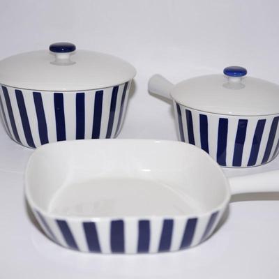 DANISH LYNGBY PORCELAIN THREE SERVING PIECES OF BLUE & WHITE STRIPE