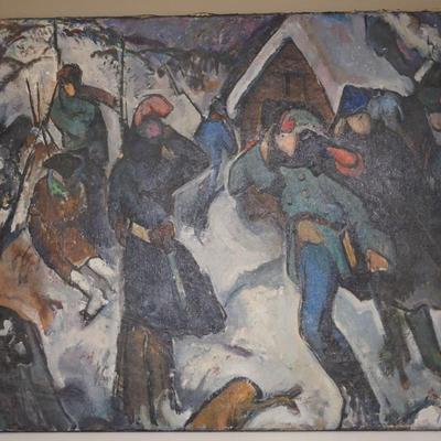 LEON KARP OIL ON CANVAS ABSTRACT 1903-1951 IMPRESSIONIST STYLE OIL OF FIGURES IN WINTER