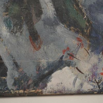 LEON KARP OIL ON CANVAS ABSTRACT 1903-1951 IMPRESSIONIST STYLE OIL OF FIGURES IN WINTER