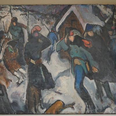 LEON KARP OIL ON CANVAS ABSTRACT 1903-1951 IMPRESSIONIST STYLE OIL OF FIGURES IN WINTER