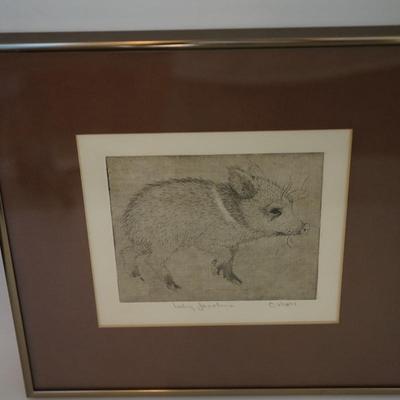 SHERIDAN OMAN 1926-1997( SOUTHWEST ARTIST)  ETCHING & AQUATINT " BABY JAVELINIA' MATTED AND FRAMED